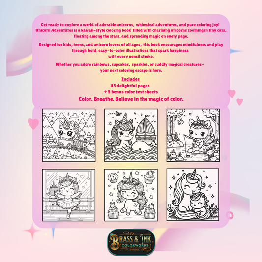 Digital Coloring Book – Kawaii Unicorn Adventures coloring gift for Girls & Women Printable PDF