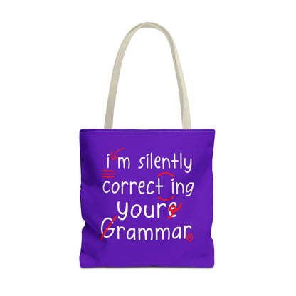 I'm Silently Correcting Your Grammar Tote Bag | Cute Reading Puppy & Bunny Design
