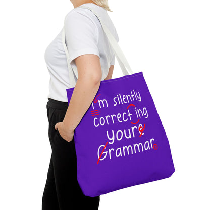 I'm Silently Correcting Your Grammar Tote Bag | Cute Reading Puppy & Bunny Design