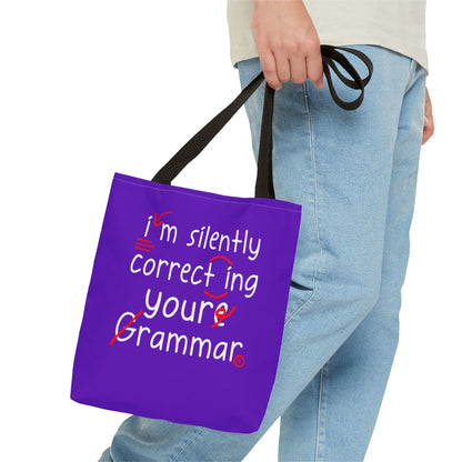 I'm Silently Correcting Your Grammar Tote Bag | Cute Reading Puppy & Bunny Design