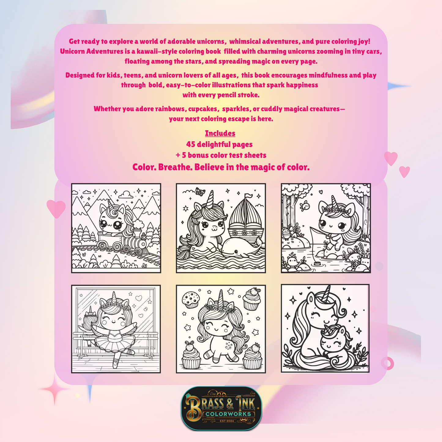 Digital Coloring Book – Kawaii Unicorn Adventures coloring gift for Girls & Women Printable PDF