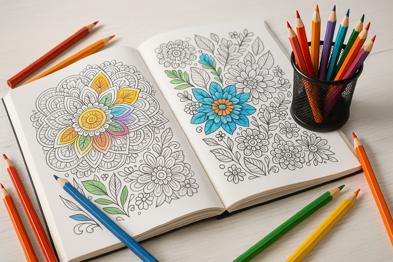 a coloring book with coloring pencils